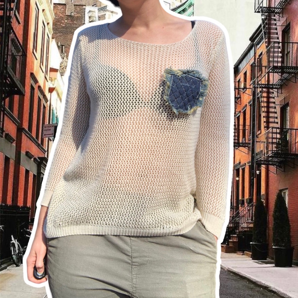 True Vintage 80s Grunge Open Knit Sweater with Denim Patch, Size M/L